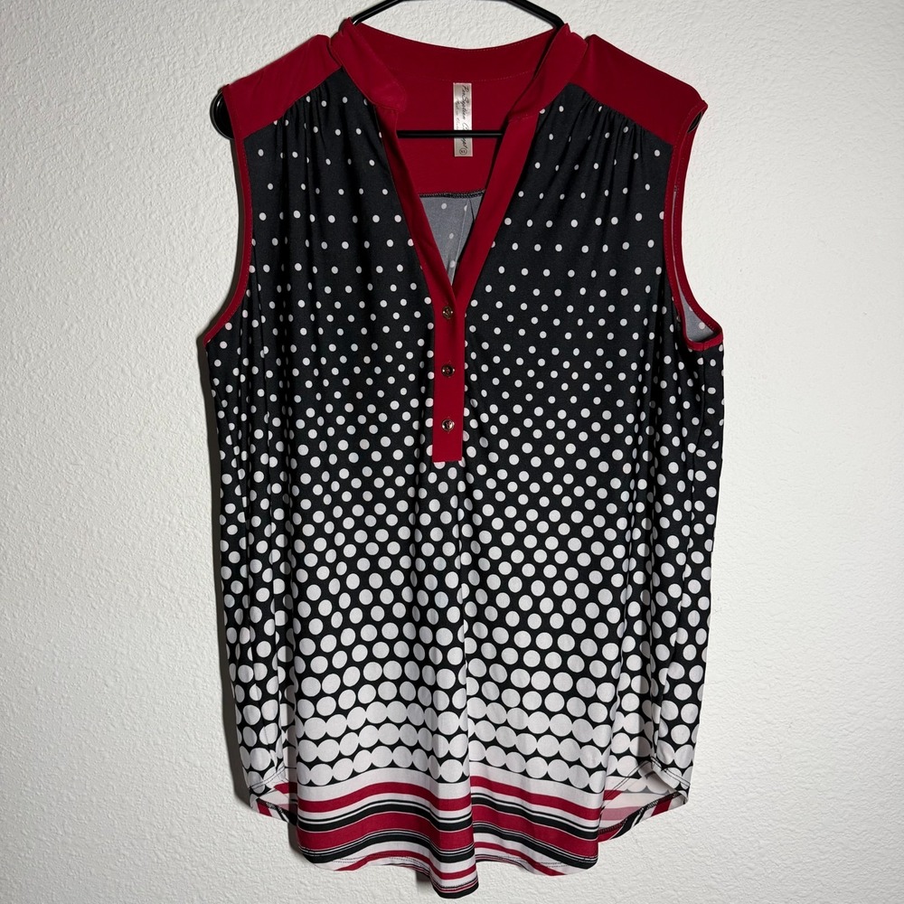 PerSeption Concept Blouse Top Womens XL Red Black White Polka Dot Pleated V Neck